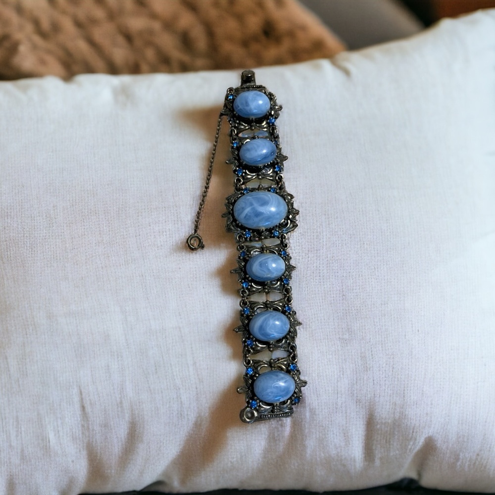 Vintage 1960’s SELRO marbleized blue cabochon and rhinestone bracelet.